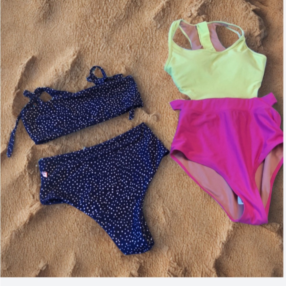 Two EUC Swimsuits 1 piece Med yellow/pink, 2 piece Navy Polka Dot high waist